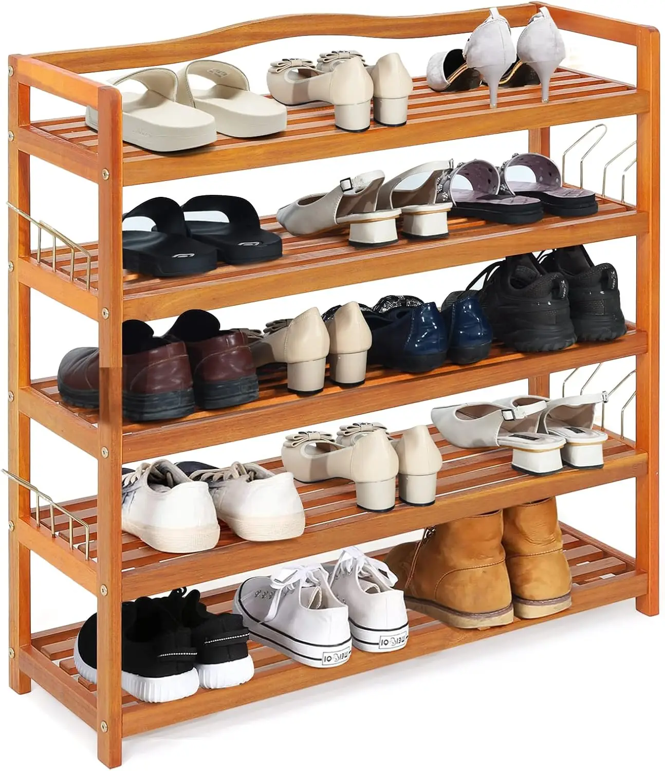 Giantex 5-Tier Shoe Rack, Acacia Wood Shoe Shelf with Side Metal Hooks, Holds up 12-18 Pairs, Wooden Shoe Storage Organizer for