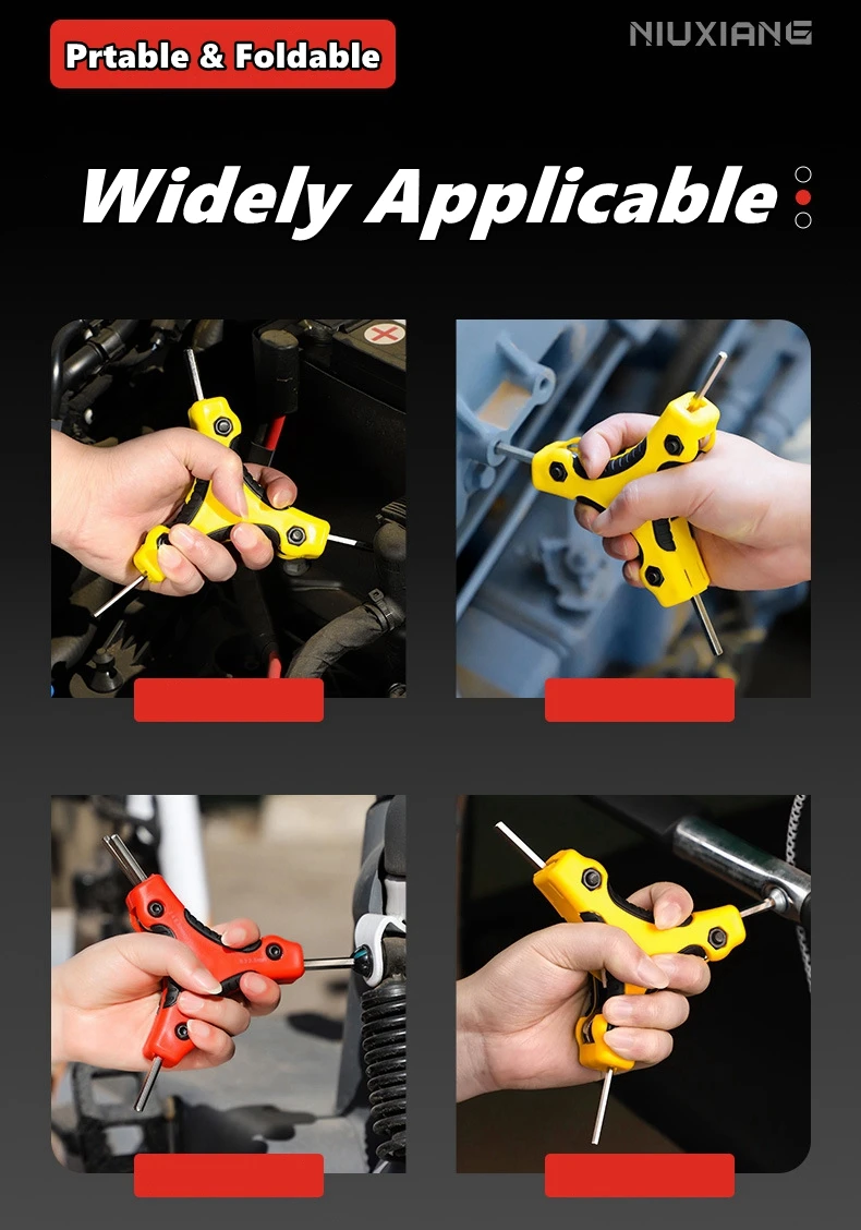 9 in 1 Folding Hexagonal Star Key Cr-V Steel Portable Screwdriver Tool Metric Folding Hexagonal Wrench Kit Red Yellow