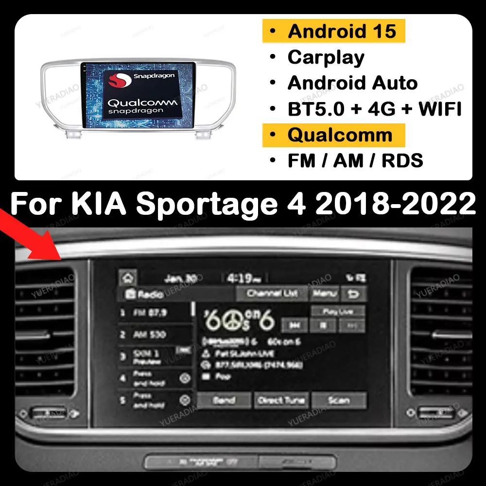 Android 15 CarPlay Auto For Kia Sportage 4 QL 2018 - 2022 Head Unit Multimedia Video Player 4G LTE 5G WIFI QLED GPS NAVI BT 2DIN