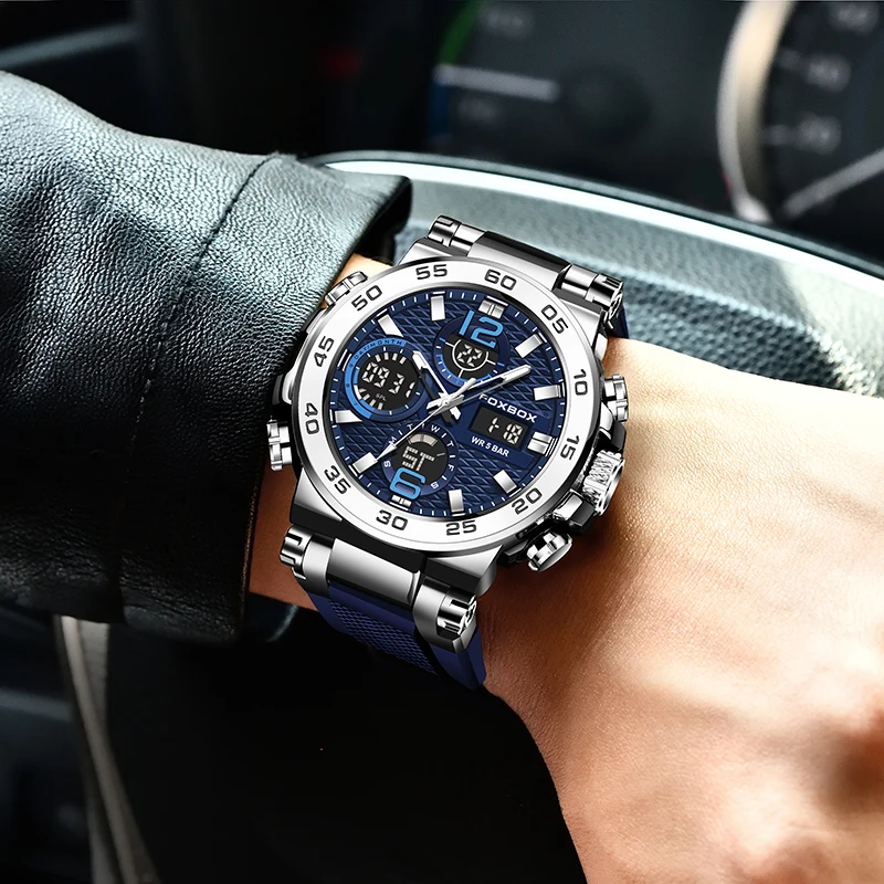 FOXBOX 남성용 최고 브랜드 스포츠 시계, 밀리터리 디지털 쿼츠 손목시계, 방수 발광 LED 럭셔리 남자 시계