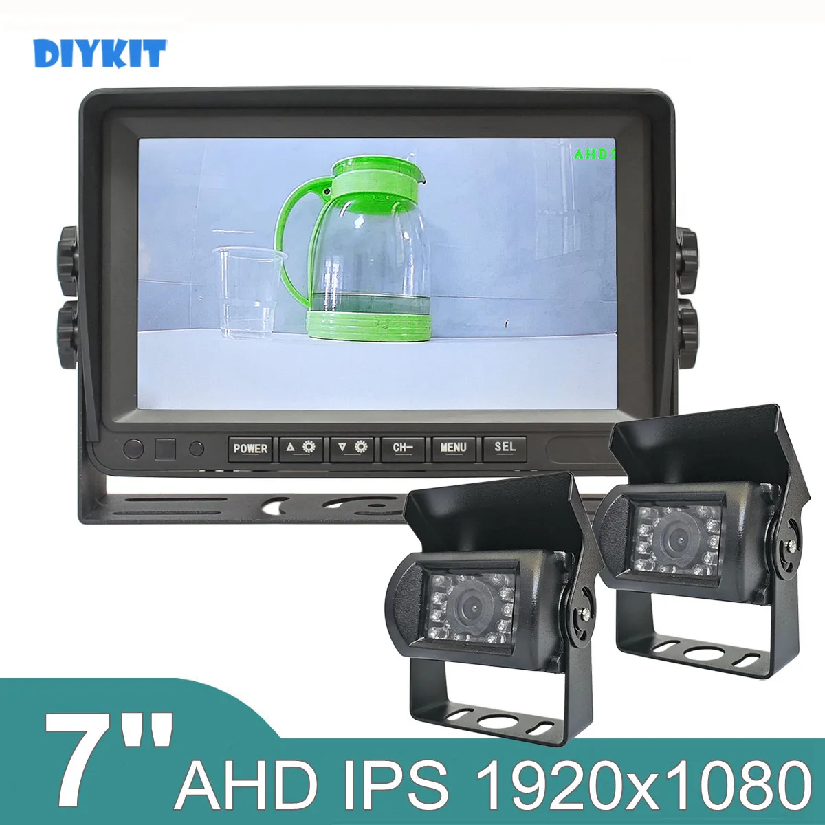 

DIYKIT 7inch AHD IPS LCD Car HD Monitor Rear View Monitor 2 x Waterproof IR Night Vision 1080P AHD Backup LED Camera 1V2