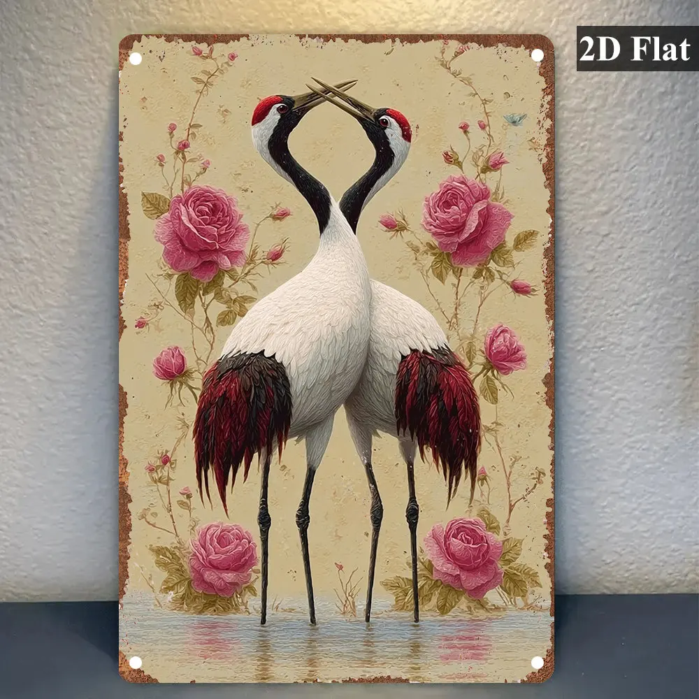 （2D Tin painting）Japanese Metal Red Crown Crane Wall Art 2D Retro Decor Home Office Cafe