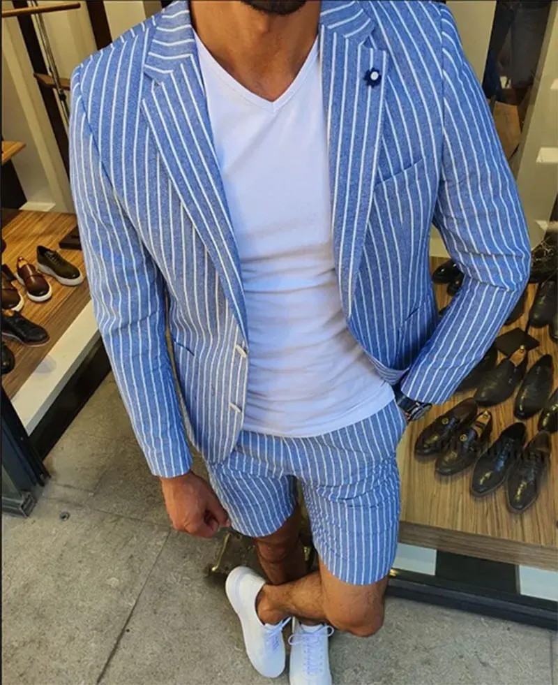 Men\'s Blazer Suit Set Casual Vertical Stripe Notch Lapel Two Button Blazer & Shorts 2Pcs Set Men\'s Clothing