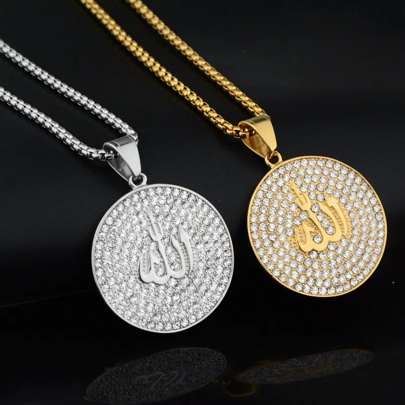 

European and American Ara Diamond Round Tag Pendant Hip Hop Versatile Stainless Steel Necklace Personalized for Men and Women