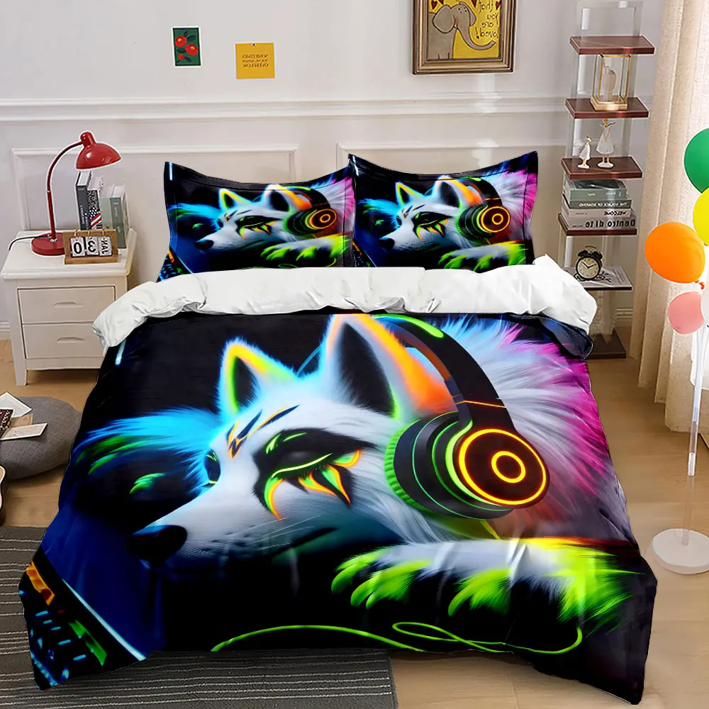 Neon wolf with glowing headphones Print Bedding set 3PC 1 duvet cover 2 pillowcases adult and children bedding set Luxury