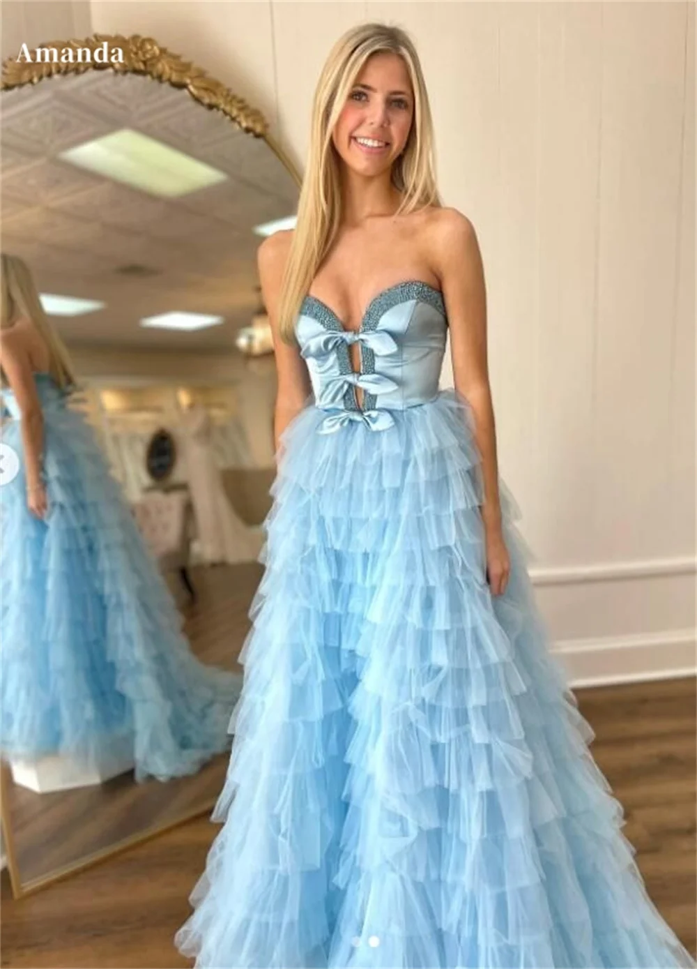 

Amanda Blue vestidos de noche Strapless Multilayer A-line Tulle Prom Dresses Elegant Sleeveless Floor-Length Formal Evening 2024