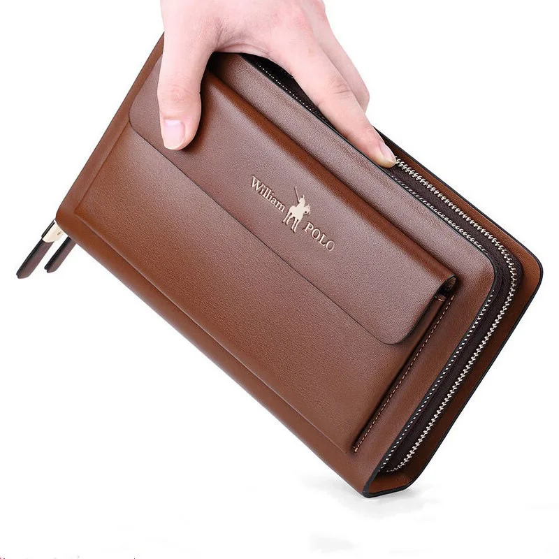 WILLIAMPOLO Negócios Mens Clutch Bags Real Leather Phone Organizador De Cartão De Crédito Carteira Grande De Luxo Duplo Zipper Carteira De Embreagem