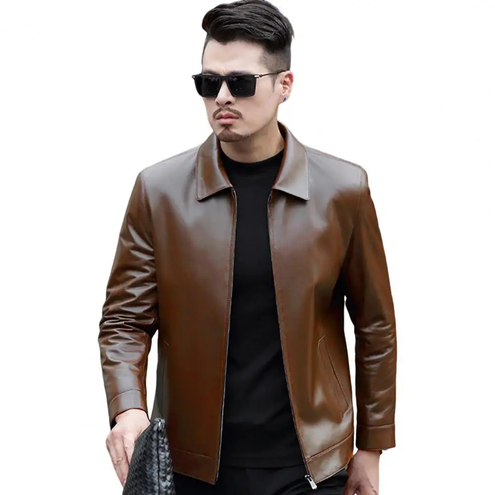 Men Casual Faux Leather Jacket Stylish Men's Slim Fit Faux Leather Biker Jacket with Zipper Pockets Vintage Windproof for Autumn