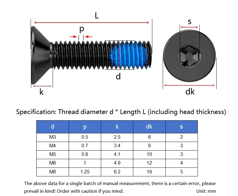 M3 M4 M5 M6 M8 Black 304 Stainless Steel Allen Hexagon Hex Socket Countersunk Flat Head Half Coated Blue Glue Dispensing Screw