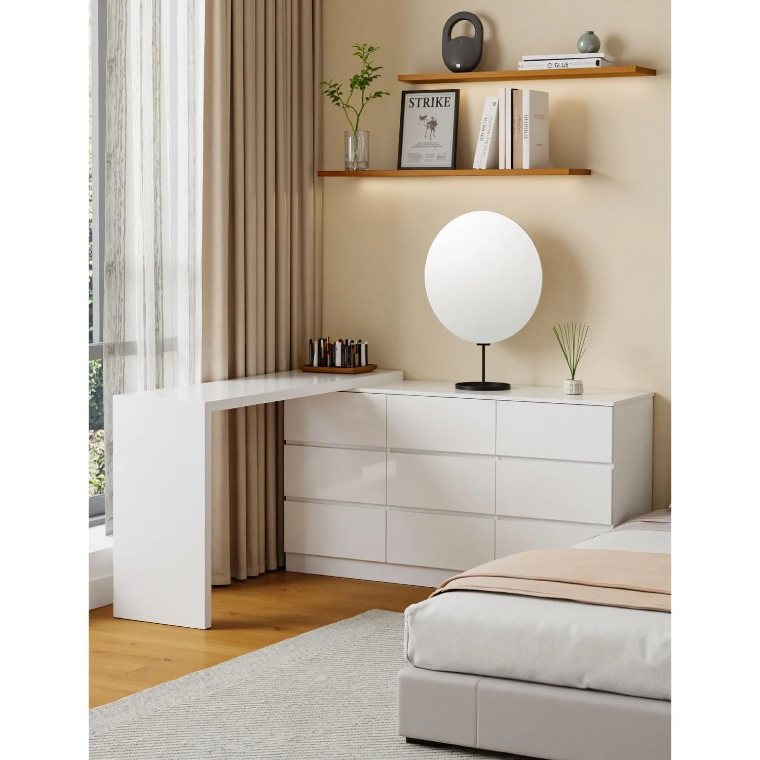 9 Drawer Dresser with Extendable Table, L-Shaped Desk & Vanity Combo, White MDF Dresser with Deep Storage, Large Modern Chest