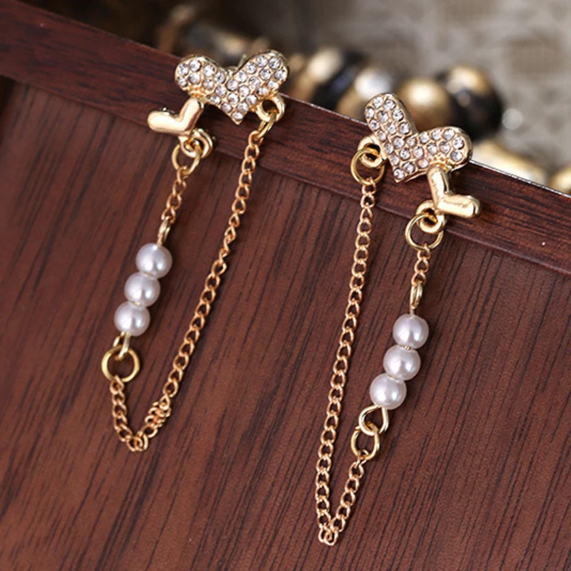 Metal Crystal Double Heart Drop Earrings for Women Wedding Party Long Chain Dangle Earrings Trendy Punk Jewelry