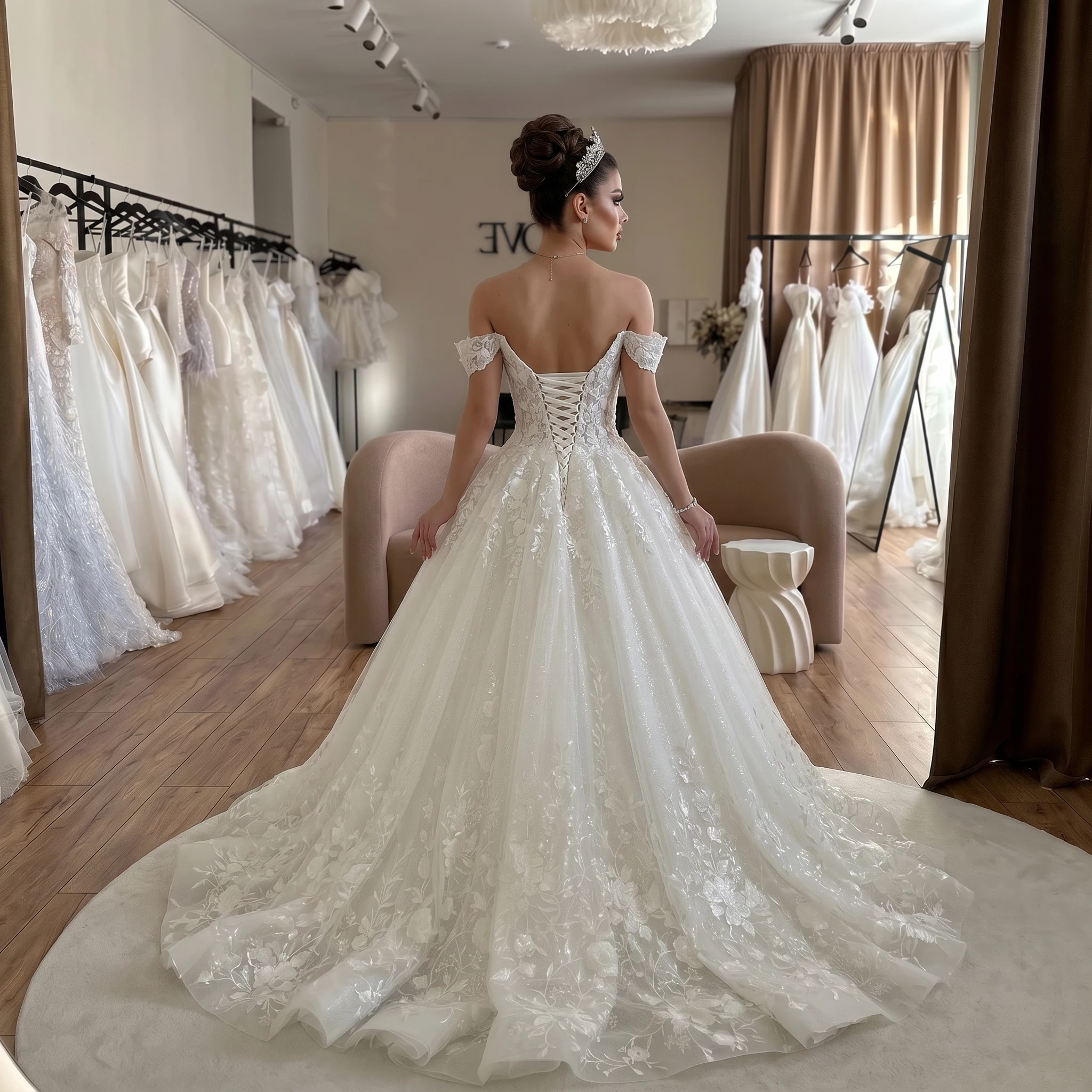 Off Shoulder Sweetheart Ball Gown Wedding Dress Floral Lace Glitter Tulle Corset Back Extra Long Chapel Train Bridal Gown