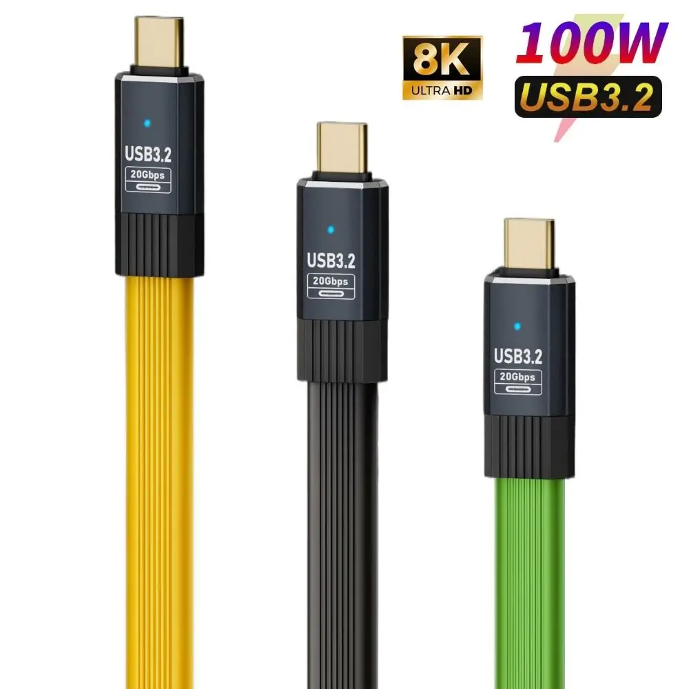 PD 100W USB 3.2 Type-C Cable 20Gbps 8K@60Hz USB-C Fast Charging Line 20/50/80cm Flat OTG Wire for Mobile Phone 15 Pro Max