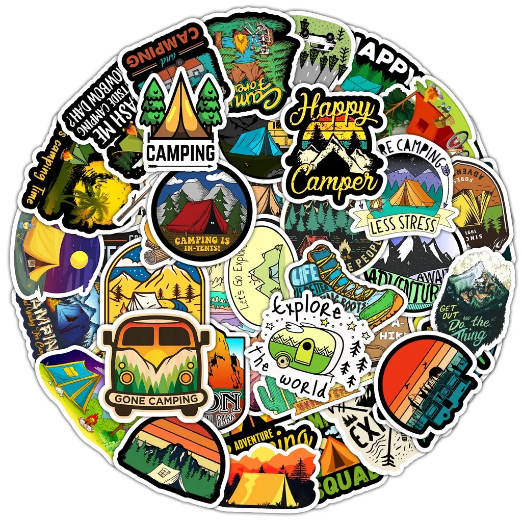 

50 шт. водонепроницаемых наклеек для кемпинга на открытом воздухе, для багажа, чехлов для телефонов, ноутбуков, золотые наклейки с эффектом памяти