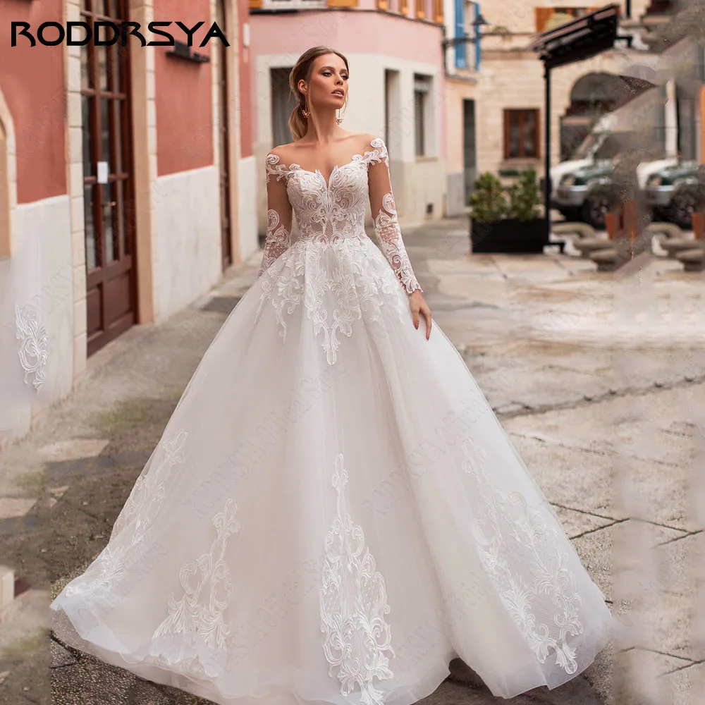 RODDRSYA Princess Wedding Dresses Boho Style Illusion Long Sleeves Scoop Bride Gowns Lace Applique A-Line vestidos de novia