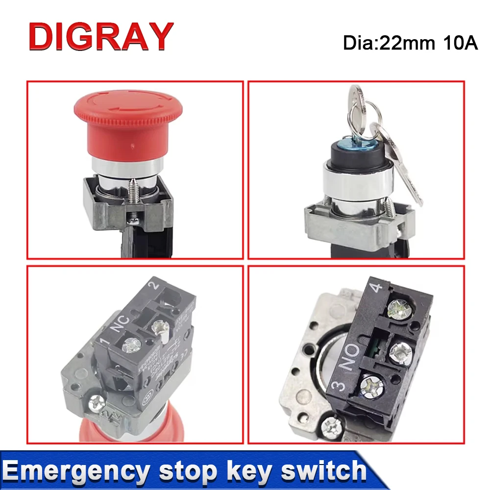 DIGRAY Emergency Stop Button NC Key Switch NO AC15 10A for CO2 Laser Engraving Cutting Machine & Fiber Marking Machine.