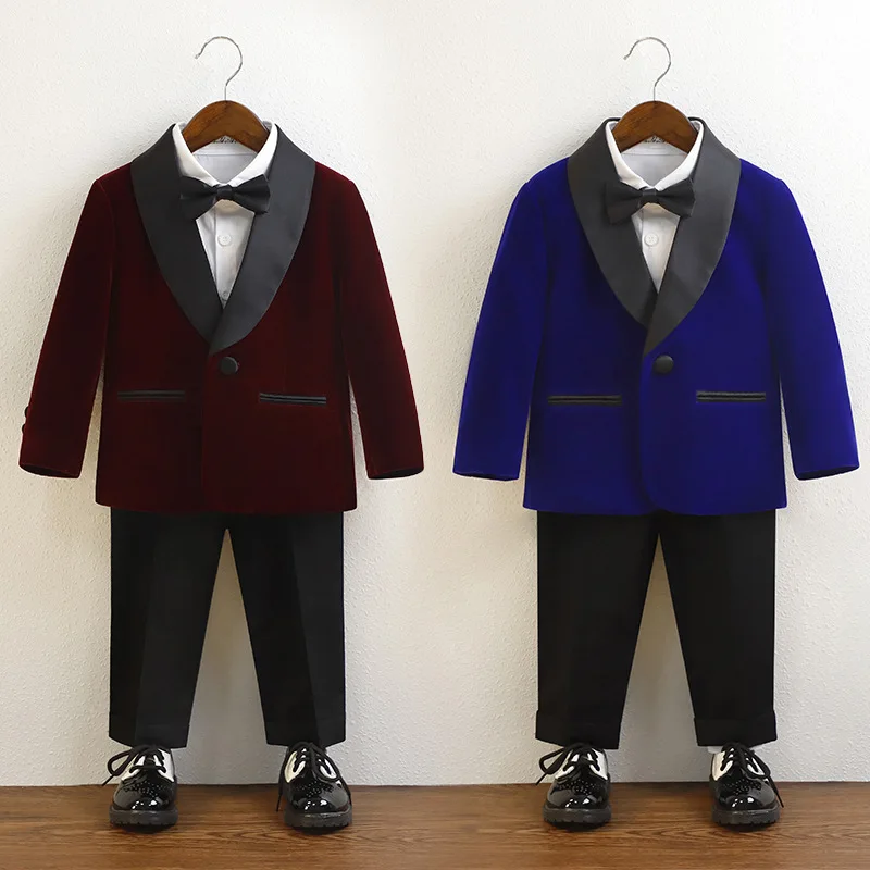 Boys Purple Velvet Blazer Jacket Pants Bowtie Photograph Suit Kids 1Year Birthday Dress Children Wedding Performance Evening Set