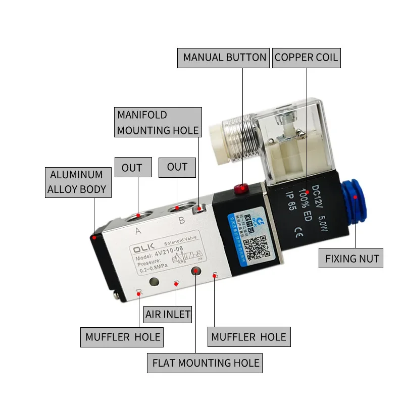 4V210-08 Pneumatic Cylinder Valve Electric Solenoid Valves 5 Way 2 Position Control Air Gas Magnetic 12V 24V 220V Coil Volt Hose