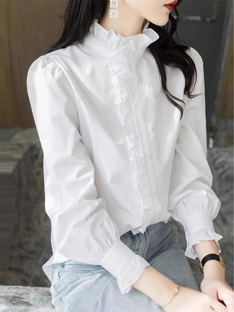 

Белая женская многослойная рубашка с воротником-стойкой, новинка осенне-зимнего сезона, топ для ранней весны, базовая рубашка в корейском стиле для повседневной носки