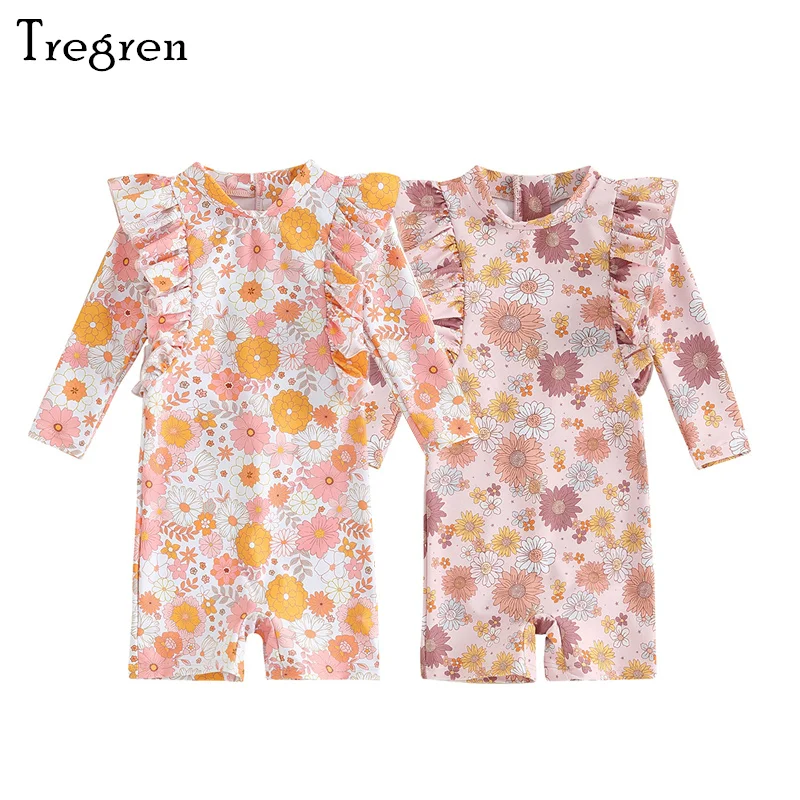 

Tregren Kids Girls Jumpsuit Swimsuit Summer Floral Print Ruffles Long Sleeves Swimwear Toddler Bathing Suits Beachwear Monokini