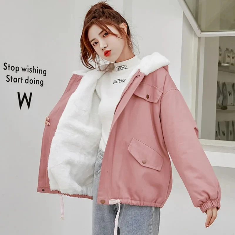 Fall Winter 2023 New Coat Female Loose Joker Students Overcoat Plus Velvet Windbreaker Hooded Casual Simple Zipper Outerwear