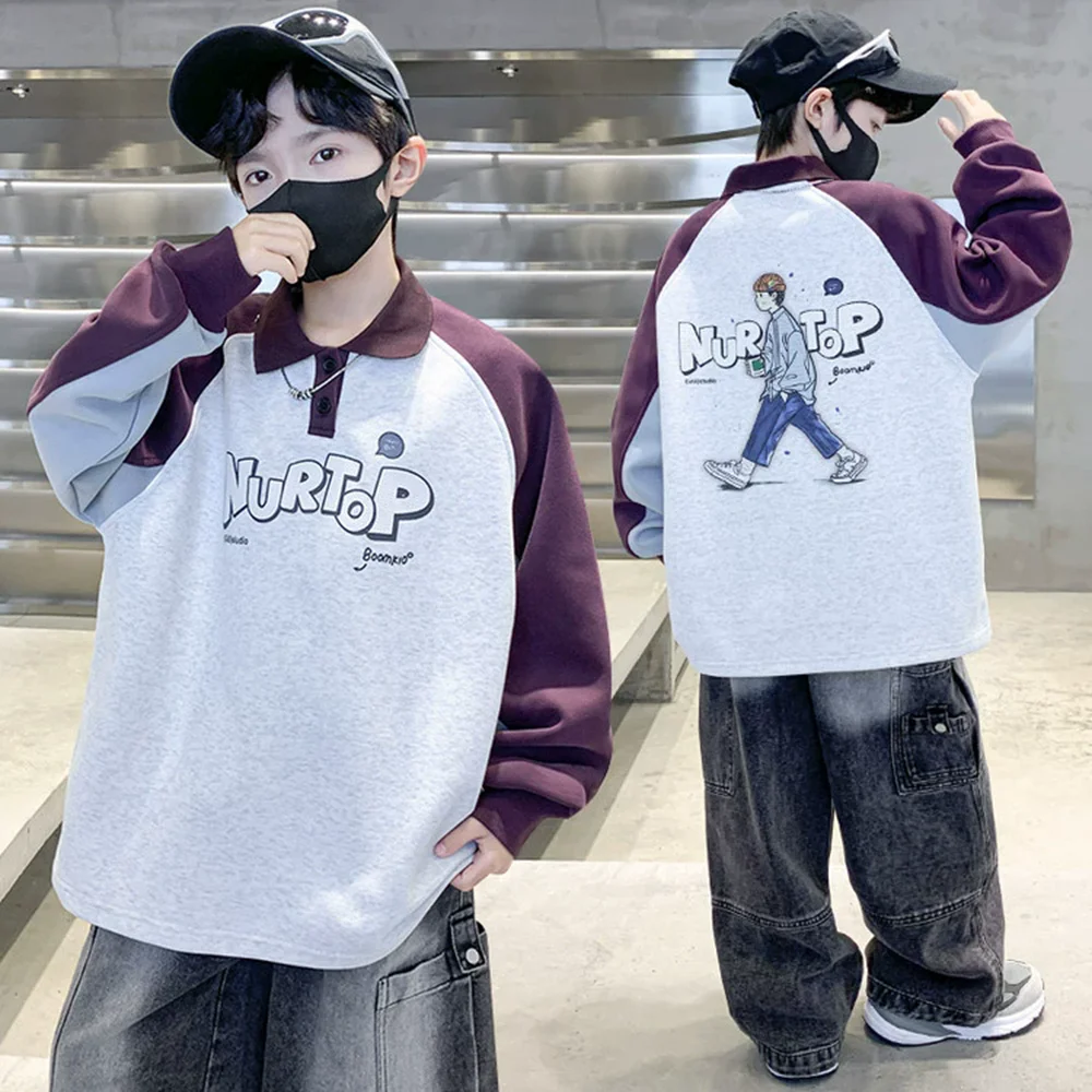 

Новая осенняя детская хлопковая толстовка с отложным воротником и мультяшным принтом для больших мальчиков, модная повседневная хлопковая толстовка-поло, детская одежда