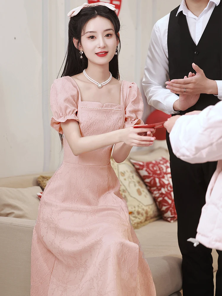 

Pink Wedding Dr Korean Sle ort Sve mid Waist Fit for Engagement Par Bridal Gown Suitable for Daily Wear Small Size