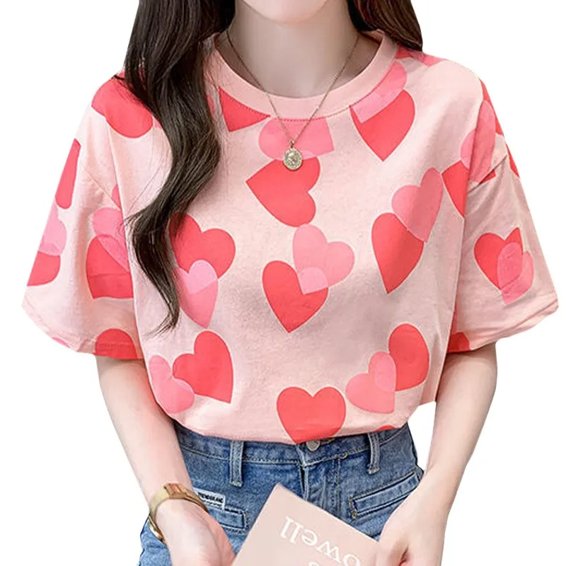 Casual Versatile New Product Pink Short Sleeve Summer Cotton Women T Shirt Printing Love-heart Pattern Fit Tees Young Lady Tops