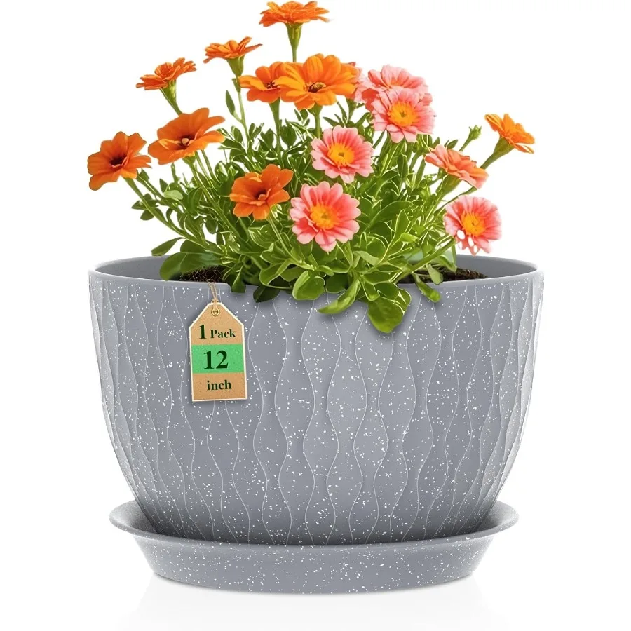 

12 Inch Wide Water Ripples Flower Pots for Indoor or Outdoor Plants Large Plant Pots with Drainage Holes Saucer Plastic Planter