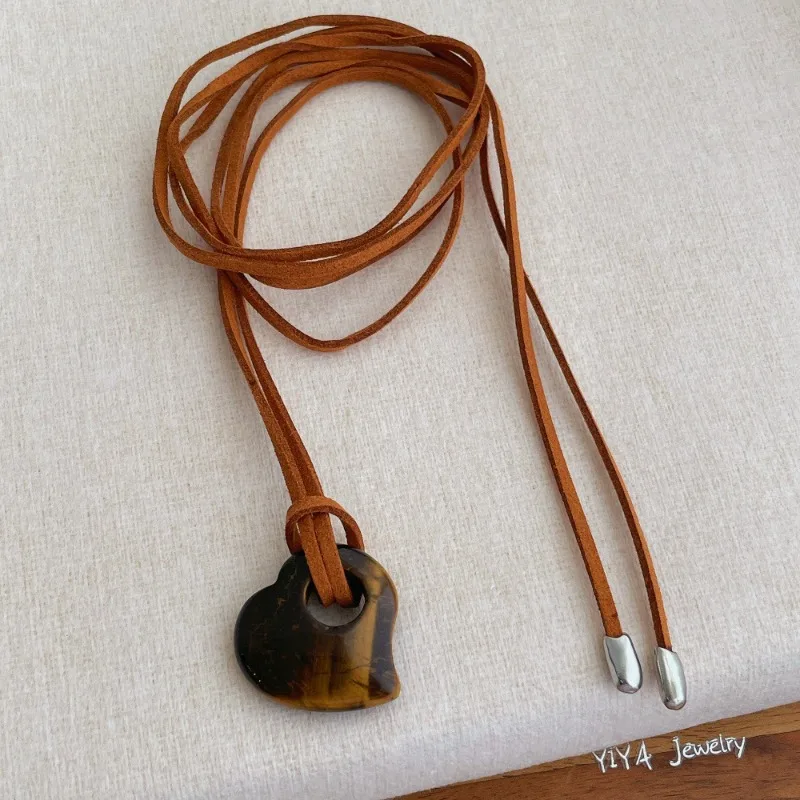 

Minar Retro Heart Shaped Hollow Natural Stone Tigereye Pendant Necklaces for Women Adjustable Long PU Leather Rope Sweater Chain