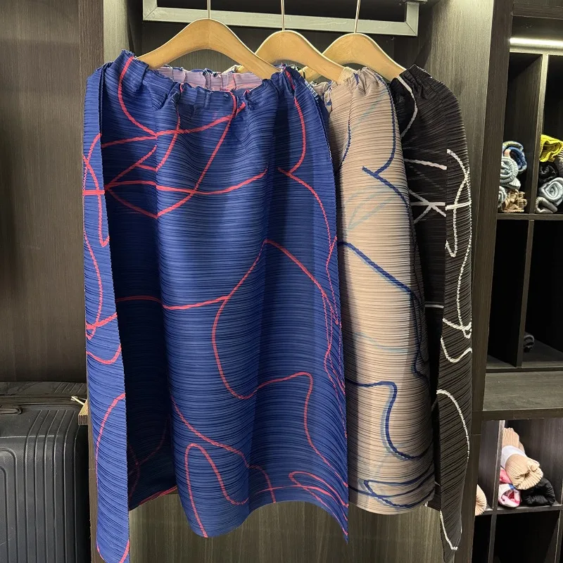 

Miyake Pleated Print Half Skirt 2025 Spring Fall New Pleats Casual Versatile Thin Plus Size Irregular Printed Half-body Skirt
