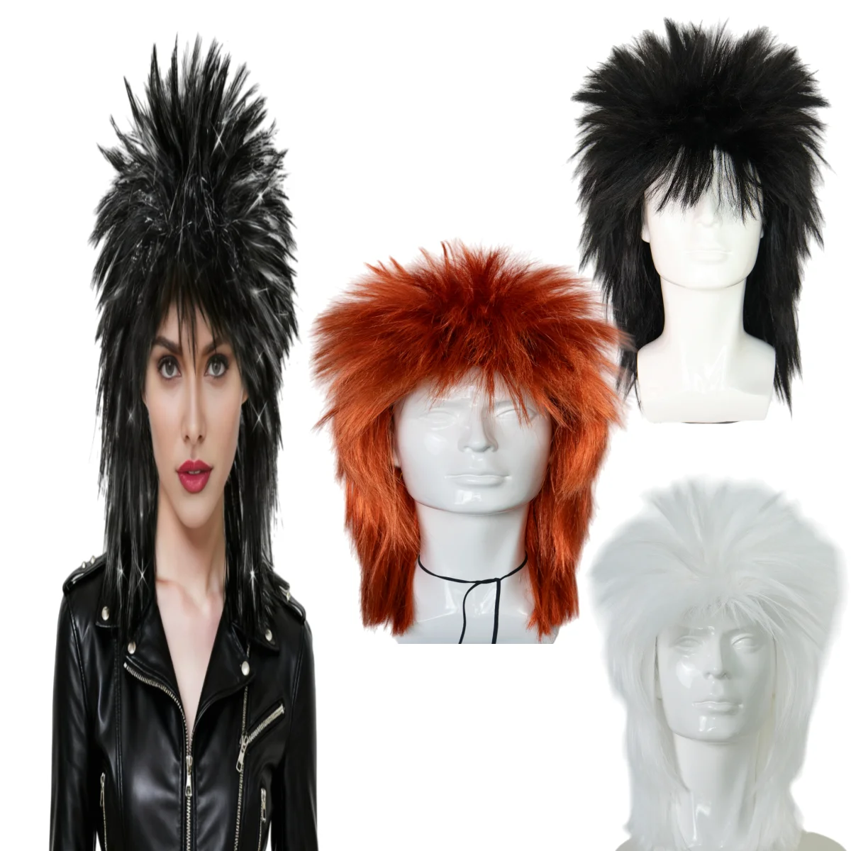 Disco wig, shoulder length punk rock style, medium to long tapered synthetic hair, perfect for 70s and 80s themed wigs, availabl