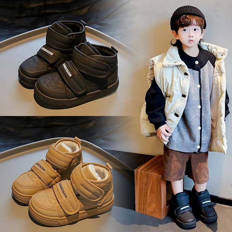 Boys Girls Ankle Boots Double Hook&loop Children Thermal Boots with Thick Fur 2024 Winter New Kids Short Boots Non-slip Trendy