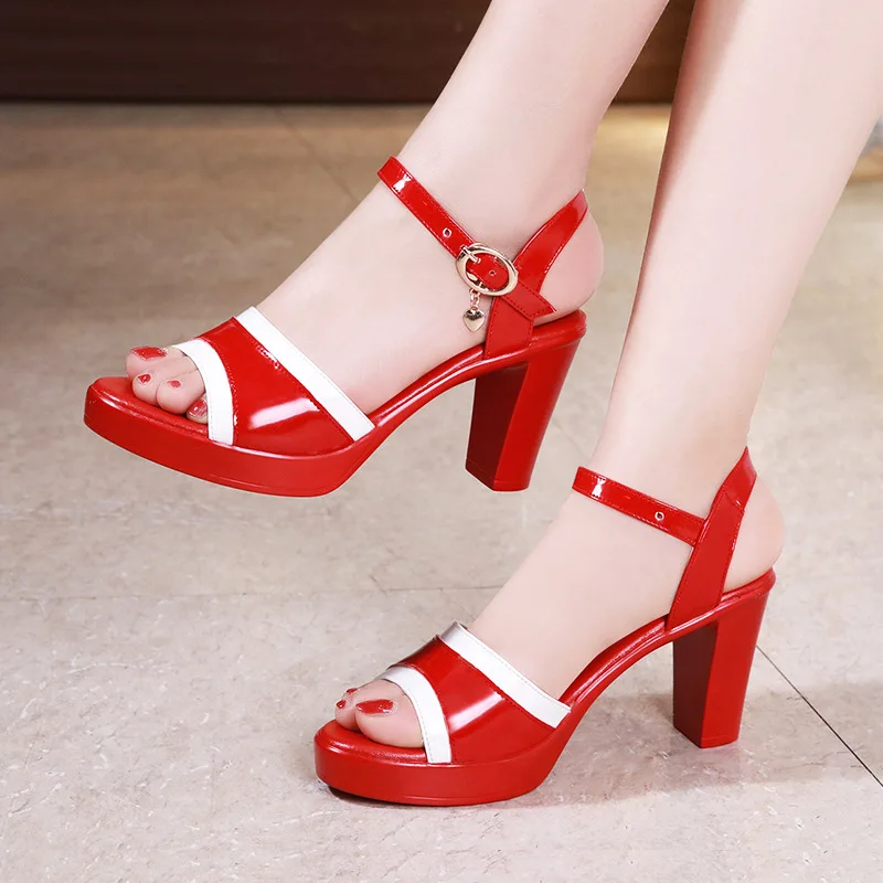 High quality summer leather sandals for women 8cm high heel new 2024 size 32 33 42 43 platform open toe elegant shoe red white