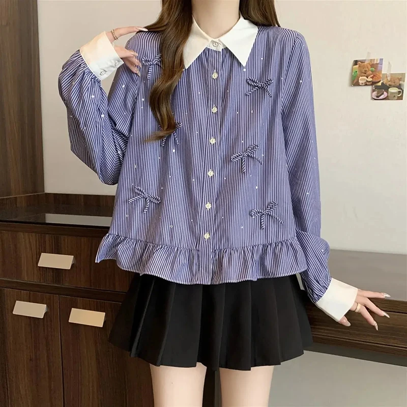 

Sweet Striped Women Shirt Autumn Bow Button Simple Loose Long Sleeve Blouse Korean Fashion Casual Preppy Cute Female Tops New