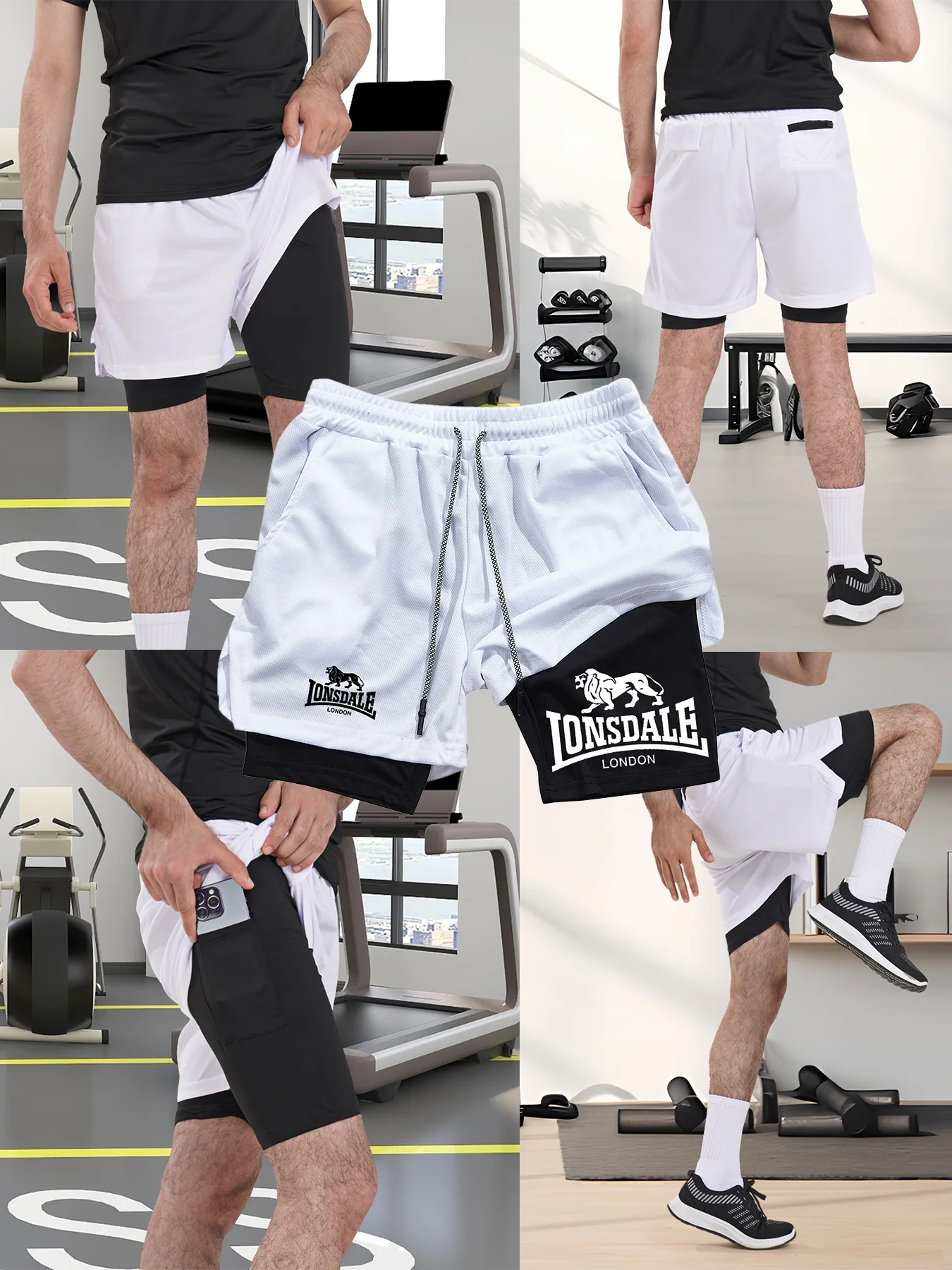 

2 in 1 Running Shorts Men Workout Lonsdale Compression Shorts with Phone Pocket Towel Loop Summer Sport Athletic Activewear