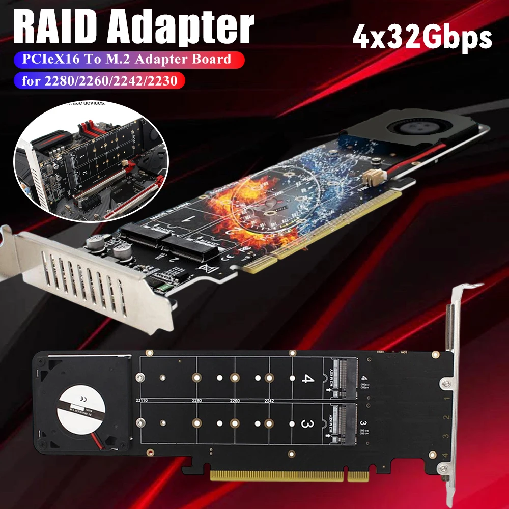 

RAID Card Adapter Card M PCI Express 4.0 X16 to 4 Port NVME Key 4 NVME 4x32Gbps M2 NVME Expansion Card for 2280/2260/2242/2230