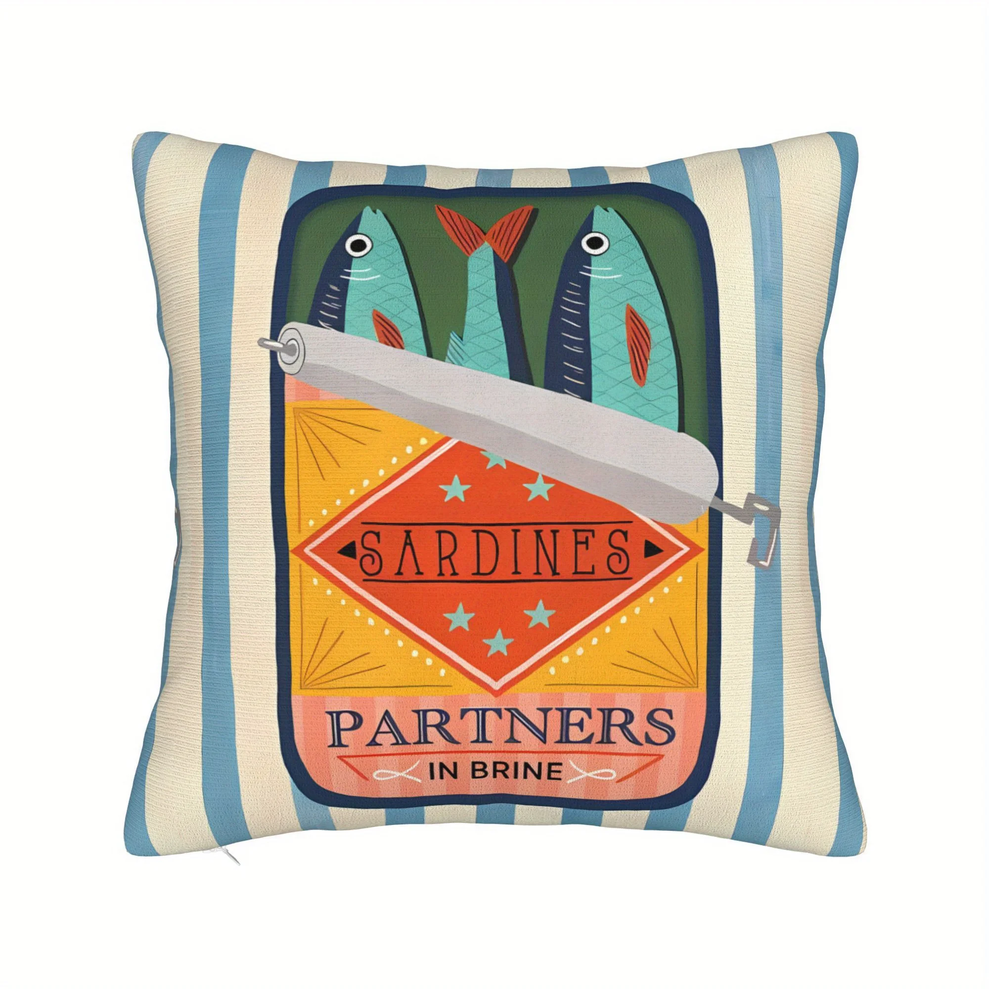 Fun Nautical Theme Pillow Cover Playful Seafood and Tin Can Graphics Design Cushion Case for Living Room Bedroom Home Decor Gift