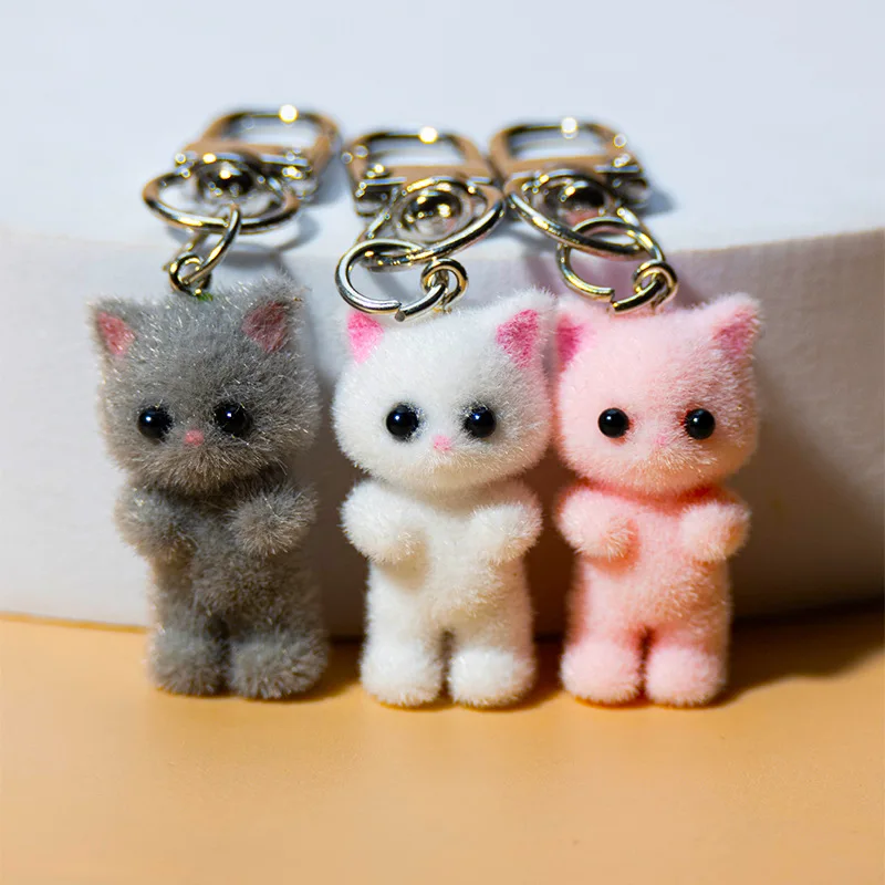 Flocked Cat Kawaii Cute Kitten Keychain Keyring Collect Shaggy Model Backpack Pendant Mini Animal Friend Toy Gift for Kid Adult