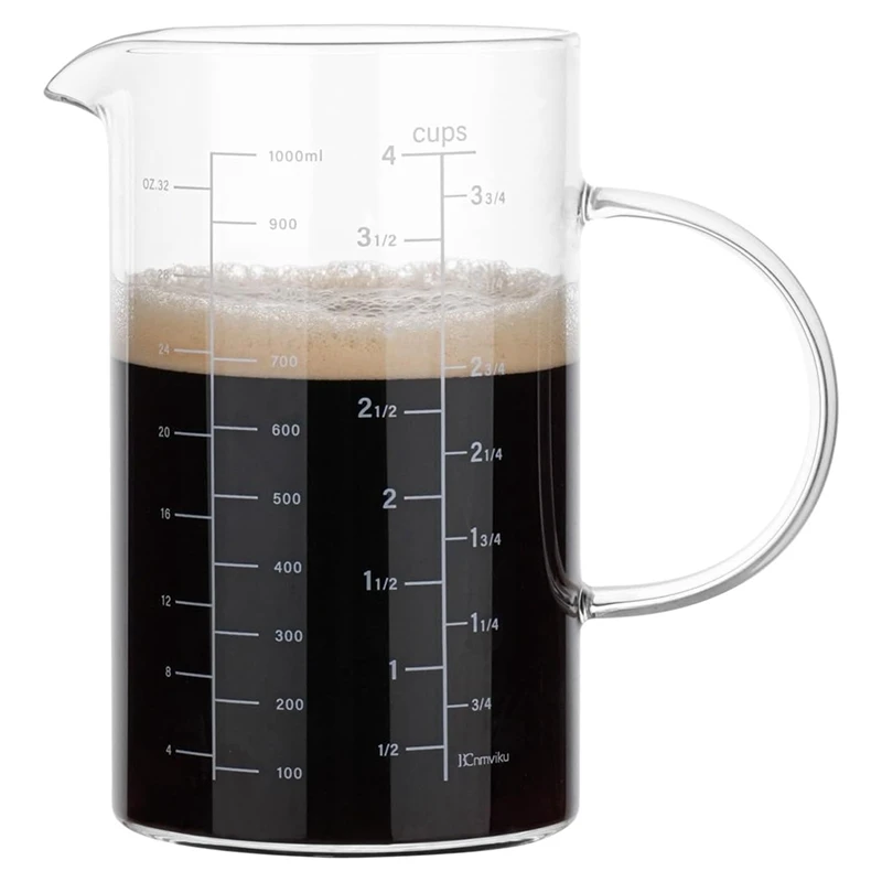 ABMO-Messbecher aus Glas, isolierter Griff, V-förmiger Auslauf, Messbecher aus Glas mit hohem Borosilikatgehalt, 1000 ml,/1 Liter, 4 Becher