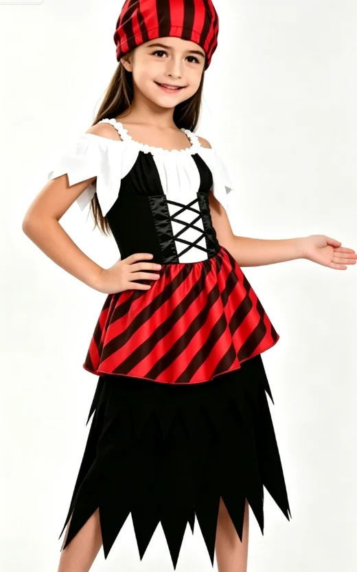 Kids Red Black Striped Dress Outfit With Striped Headscarf For Girls Nautical Themed Party Stage Performance