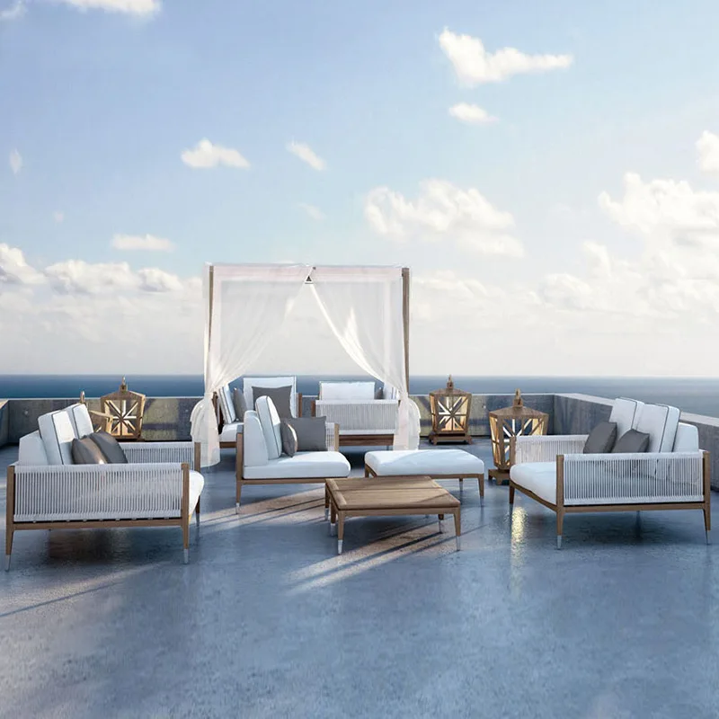 

Outdoor Rattan Sofa Garden Teak Sofa Rope Woven Sun Room Guest House Balcony Terrace Rattan Outdoor Sofa