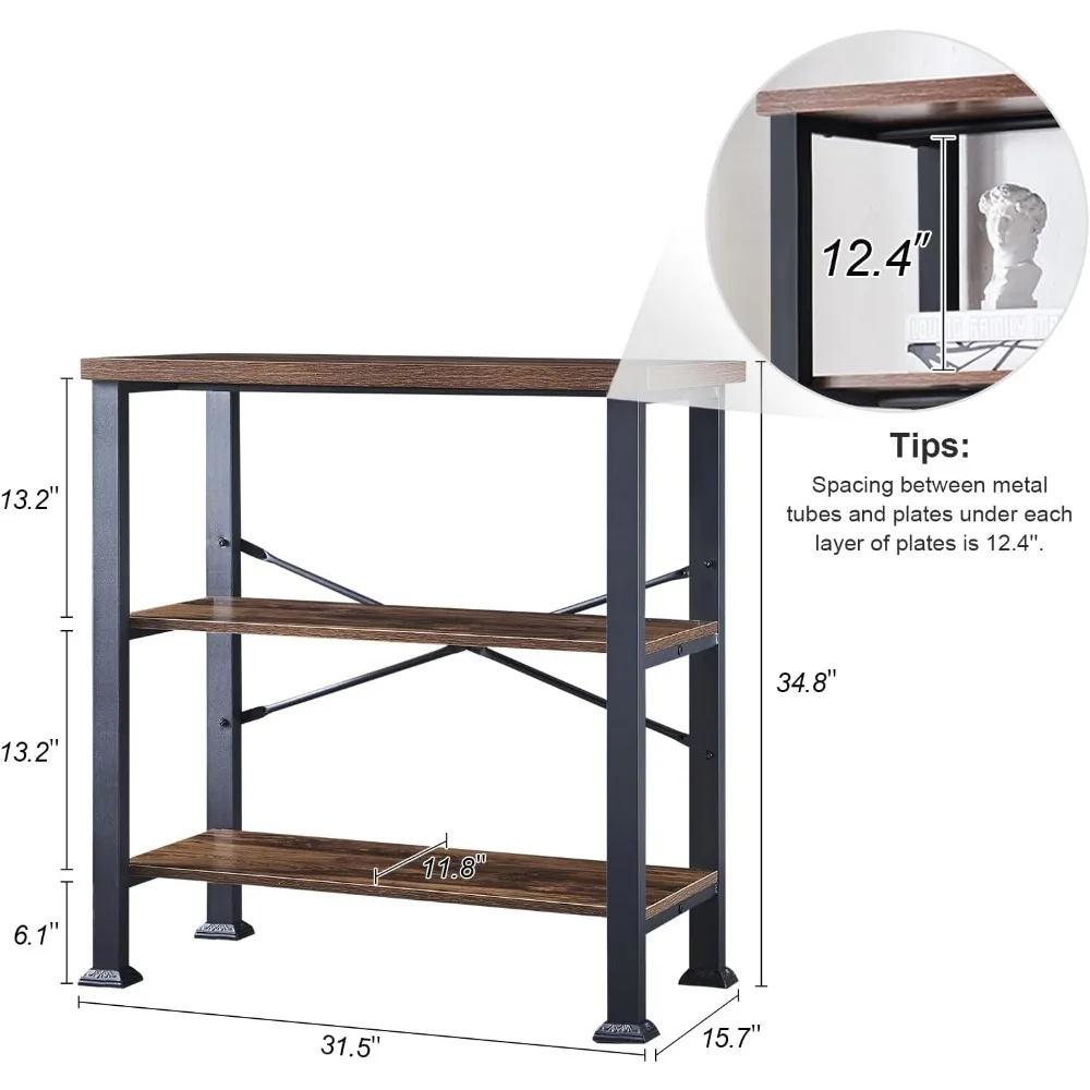 Bookshelf, 3Tier Vintage Industrial Book Shelf, Rustic Wood and Metal Bookcase and Bookshelves