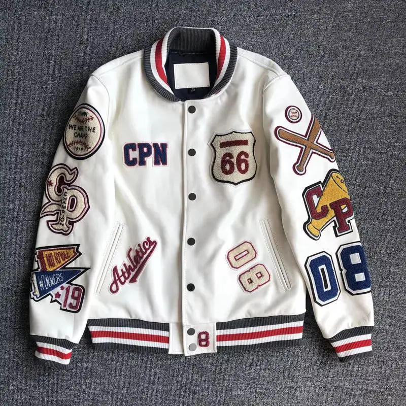 Hot Sale Spring Autumn Baseball Uniform Y2k Retro Trend Leather Jacket Heavy Industry Embroidery White Short Coat Ins Jacket