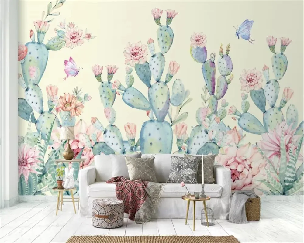 Customized Wallpaper for walls 3 d Hand-painted cactus butterfly background wall murals wallpaper home decor papel de parede 3d