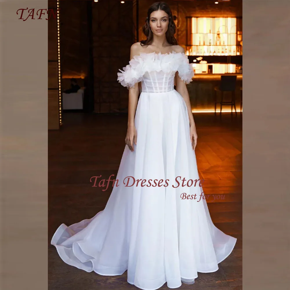 

TAFN New Wedding Dresses Off the Shoulder Sweep Train Bridal Gown Handmade Flowers vestidos de novia for Women