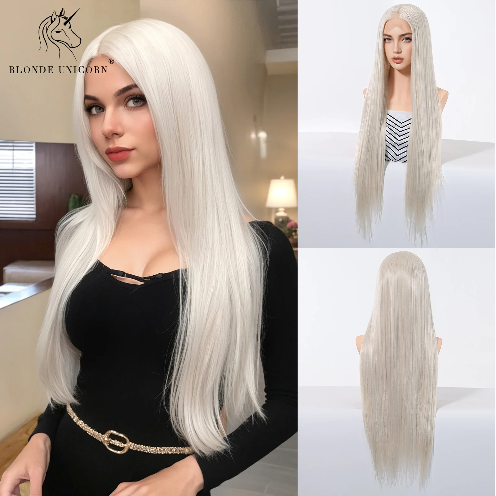 

30 Inch White Blonde Straight Long Wig Lace Front Center Part Synthetic Hair Heat Resistant Daily Use For Women