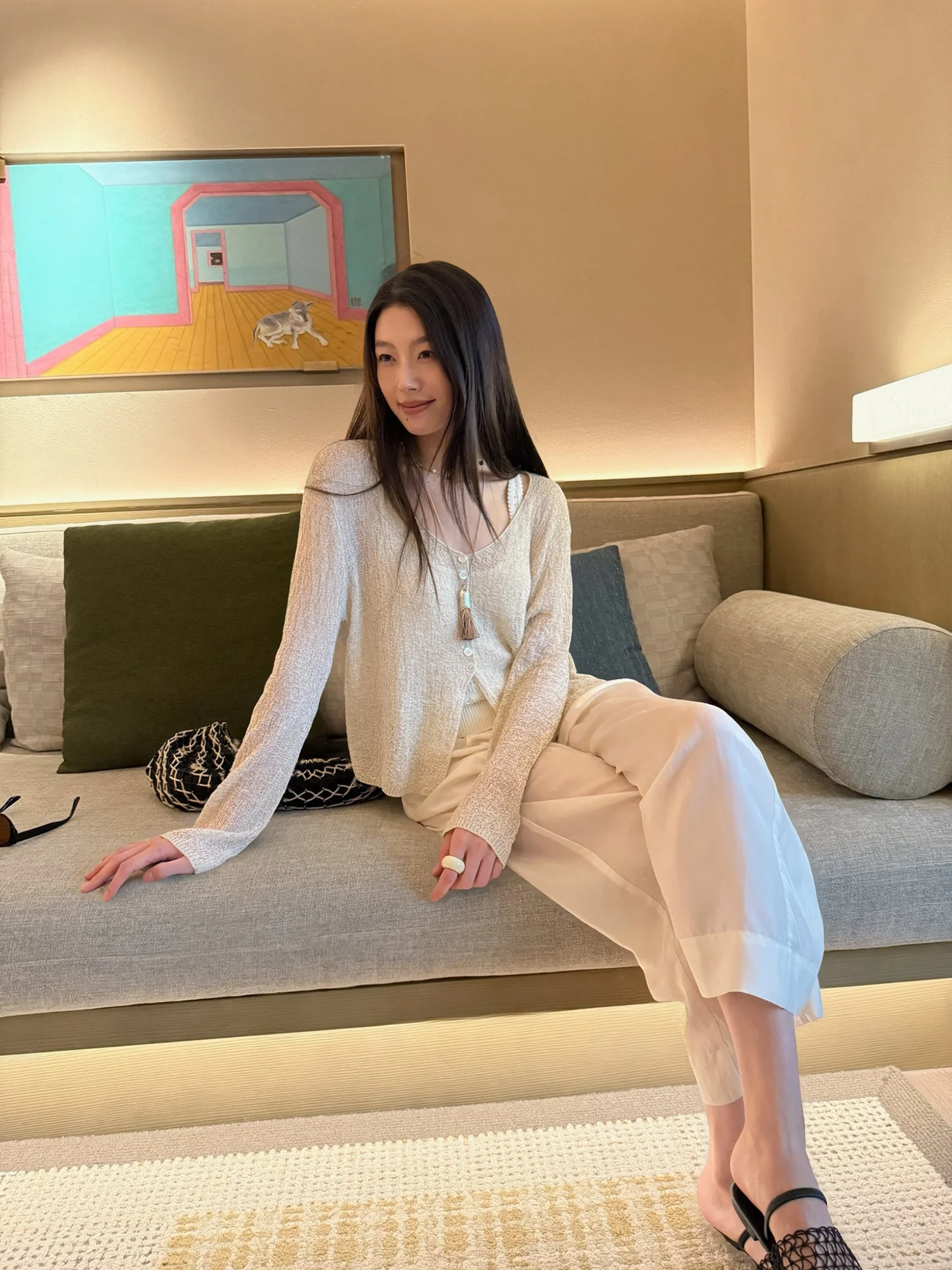 

Slimming Effect Linen Ice tough Knitwear F Attitude68 Rice243 V Ne Long Sve Loose Fit Single Piece Summer 2025