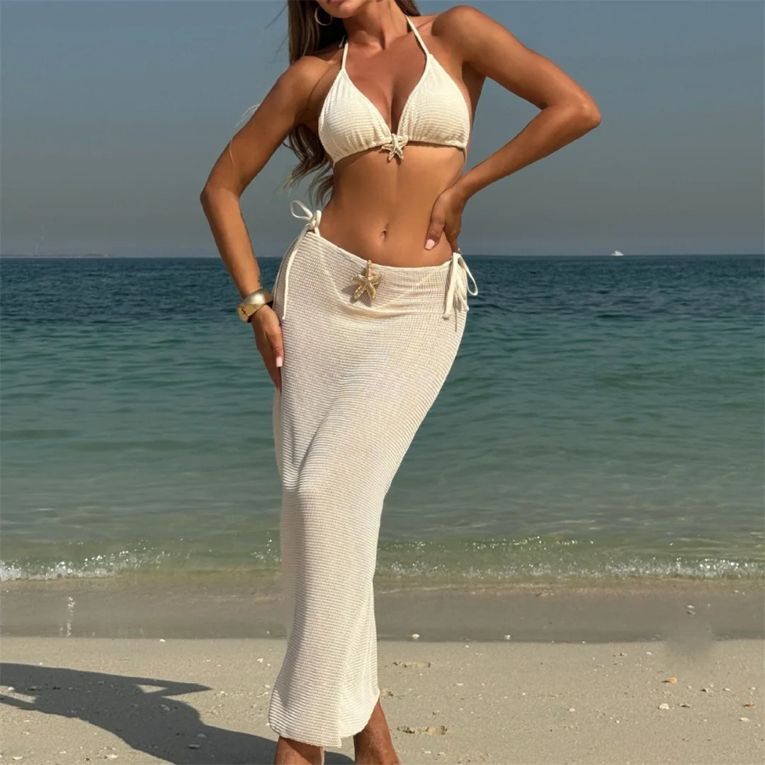 Metall-Stern-Halter-Bikini, Damen-Badeanzug, Damen-Badebekleidung, dreiteiliges Bikini-Set mit Rock, gepolsterter Badeanzug, Badebekleidung, Modell V6740Y. – Detail 21