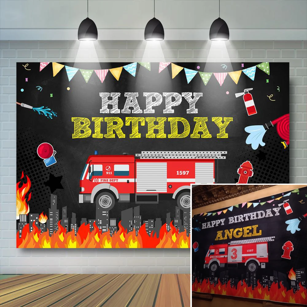 Mocsicka Firefighter Birthday Party Backdrop Fireman Fire Truck Photography Background Boy Birthday Party Decorations Banner